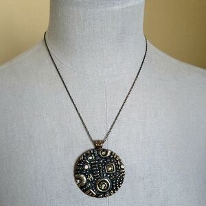Vintage Artisan Gold, Black and Silver Pendant Necklace